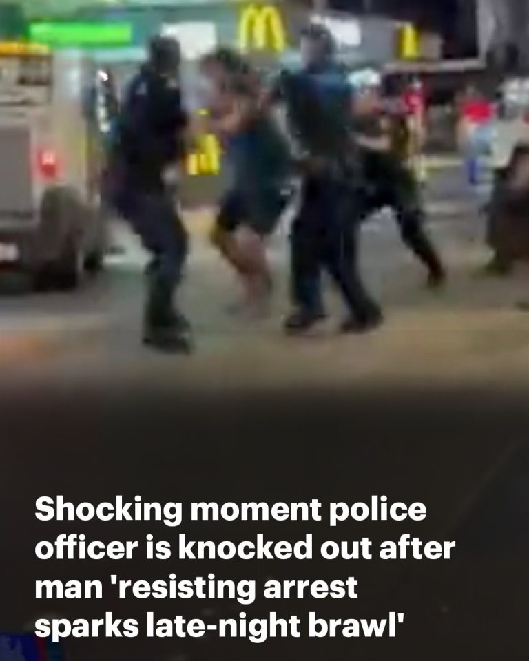 Wild moment police officer is knocked out after man allegedly resisting arrest sparks late-night brawl, as three are charged