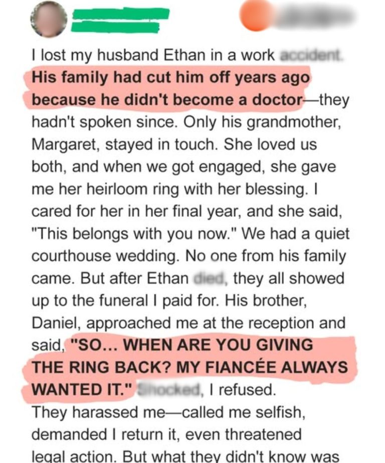 My Husband’s Family Demanded I Return My Engagement Ring at His Funeral — They Didn’t Expect What Came Next
