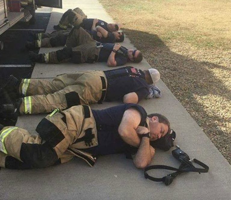 Man captures image of exhausted firefighters after 24 straight hours on duty