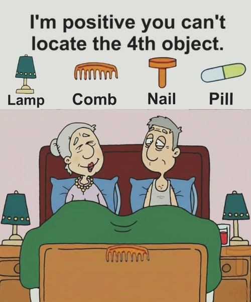 Can you spot the lamp, comb, nail, and pill?